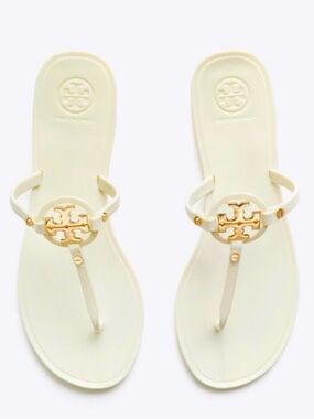 Tory Burch Mini Miller Jelly Thong Sandals Ivory/Gold Summer Resort Luxury Sz 6